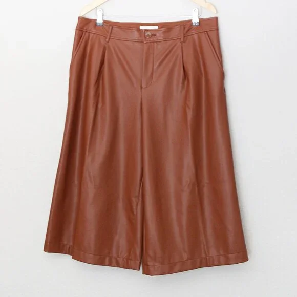 NEW Anthropologie Davina Faux Leather Culottes Pants Plus 14P Cognac Brown $128 - Picture 7 of 16